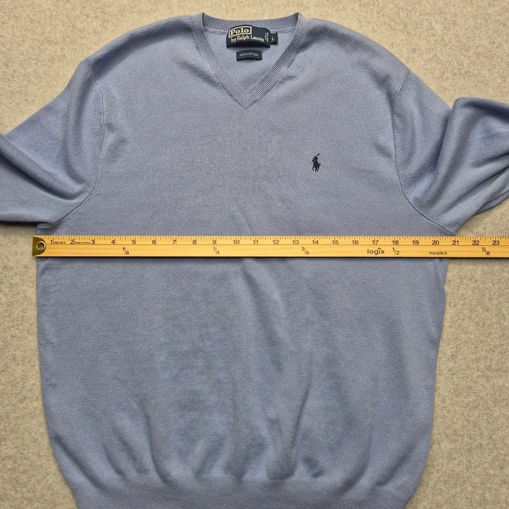 Polo Ralph Lauren Mens V-Neck Sweater Blue 100% Cotton Pony Logo Large